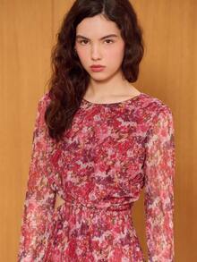 lacRébo Vestido mini de manga larga semitransparente con estampado floral rosa, con corte lateral y detalles fruncidos, estilo lindo, estilo francés, estilo parisino - Multicolor - Ver 7