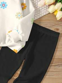 SHEIN Leap Crew 2 件套青少年女孩休闲花卉印花圆领长袖运动衫和紧身裤套装，适合秋冬季 - 彩色 - 查看 5