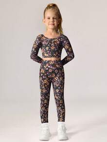 Young Girls Activewear Summer Gym Set,Colorful Pattern Bright Vivid Long Sleeve Top With Cutout Back Design&Pants Set For Gymnastics Training,Daily - Pink - View 4
