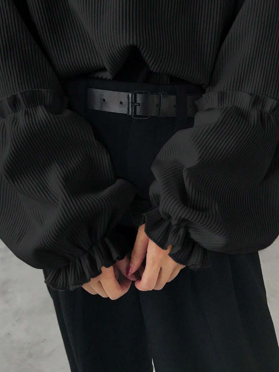FRIFUL 女士纯色圆领长袖宽松休闲罗纹T恤 - 黑色 - 查看 1