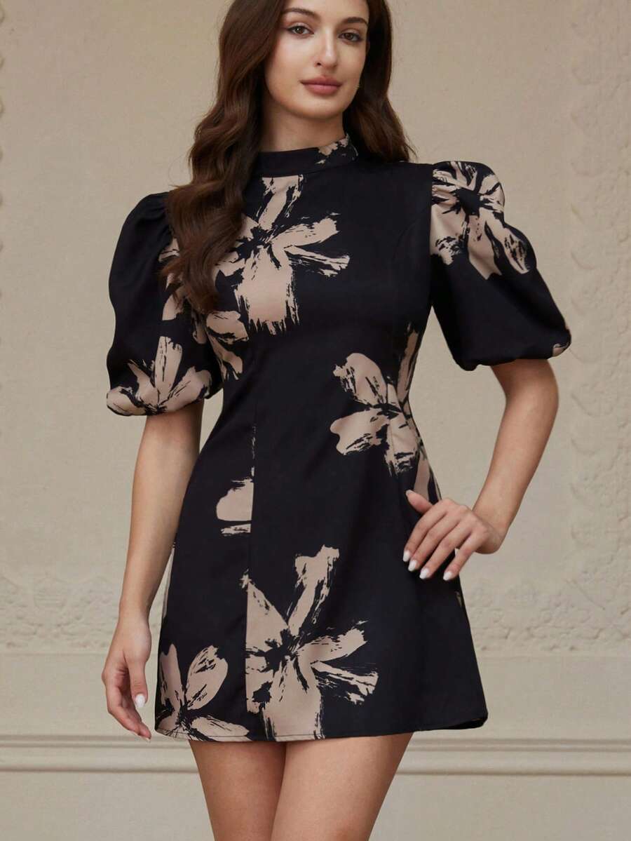 Revavyn 时尚高端撞色黑色底色优雅法式贵族风格泡泡袖收腰简约女式短袖迷你连衣裙 - 彩色 - 查看 1