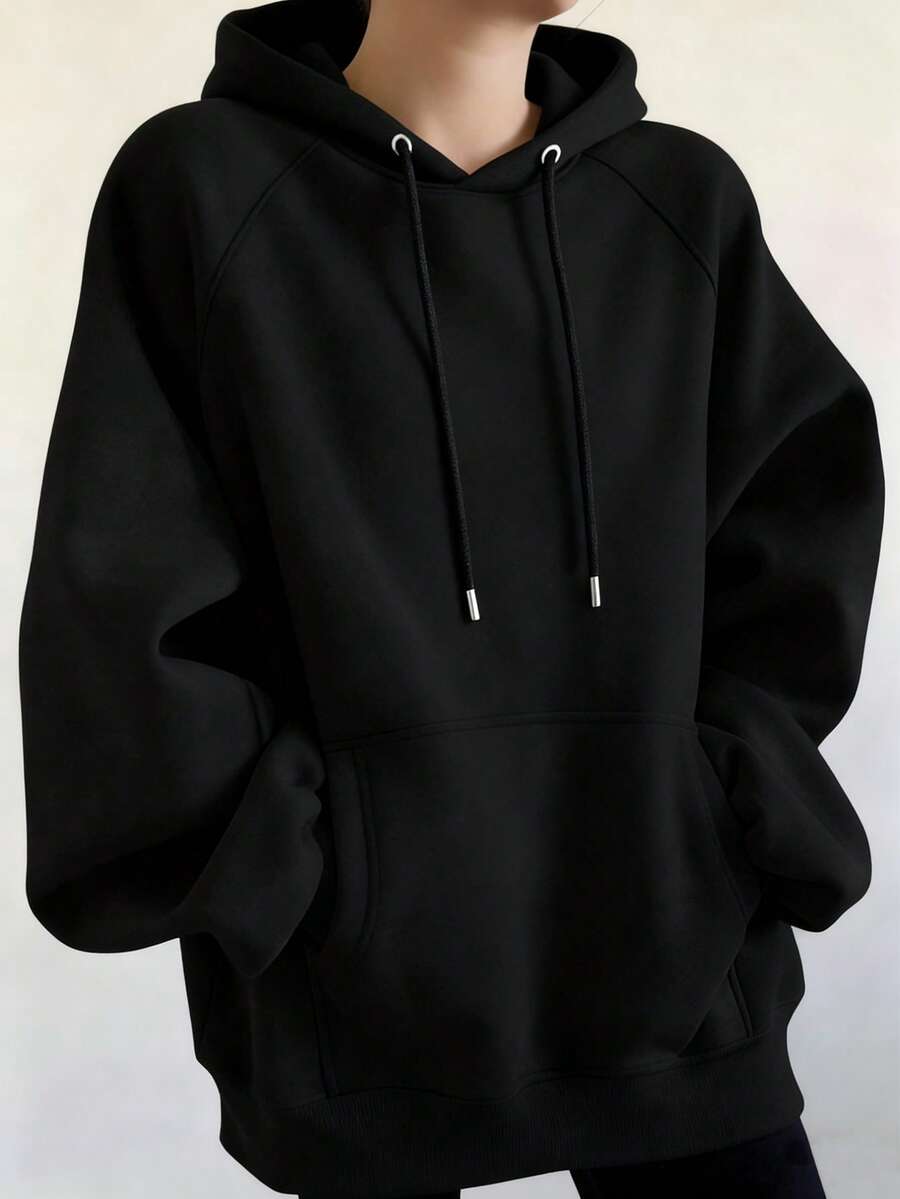 INAWLY 大码休闲宽松连帽口袋长袖卫衣 - 黑色 - 查看 1