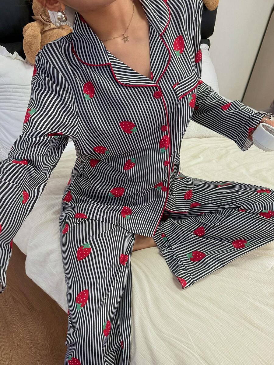 SHEIN 荷叶边条纹草莓花边开衫女士睡衣套装 - 黑色 - 查看 1