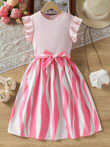 SHEIN Tween Girls Fashionable Geometric Printed Round Neck Ribbed Dress,Holiday,Summer,Travel - Pink - View 9