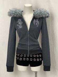 EgrlEra Women's Fur Collar Sweatshirt, Coffee Brown Printed Long Sleeve Sweatshirt - Dark Grey - View 8