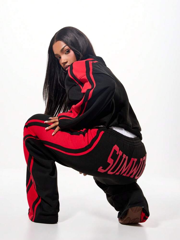 SUMWON Plus Size Black Sweatpants With Red Side Stripe Elastic Waist Drawstring Jogger Style Comfortable Casual Loungewear Winter Fall