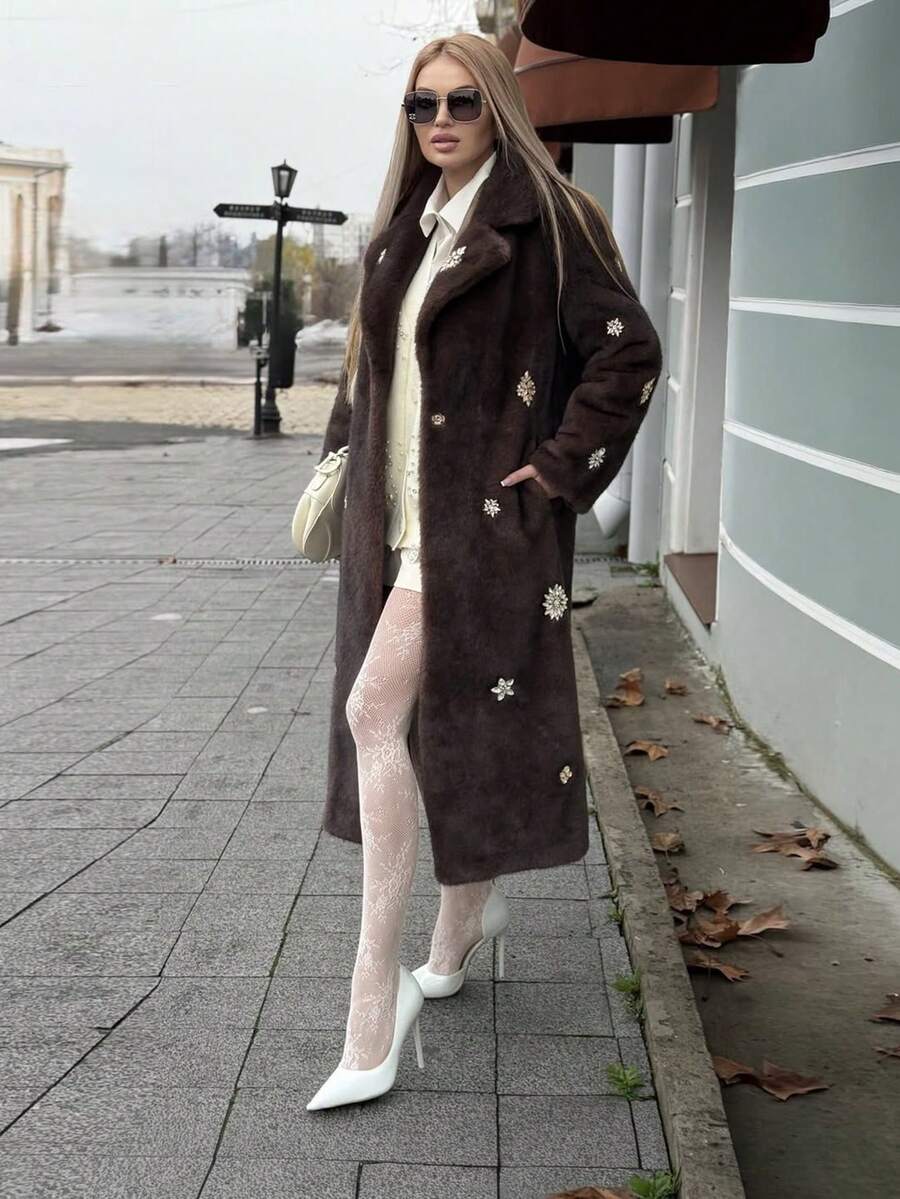 FLORETTA ÉLENA Mantel Panjang Bulu Imitasi Rhinestone Buatan Tangan, Cocok untuk Musim Gugur, Musim Dingin, Acara Jalan-jalan, Elegan, Formal, Pesta, Chic, Tahun Baru, Mantel Musim Dingin Wanita, Natal, Kerja, Wisuda, Pernikahan - Coffee Brown - View 1