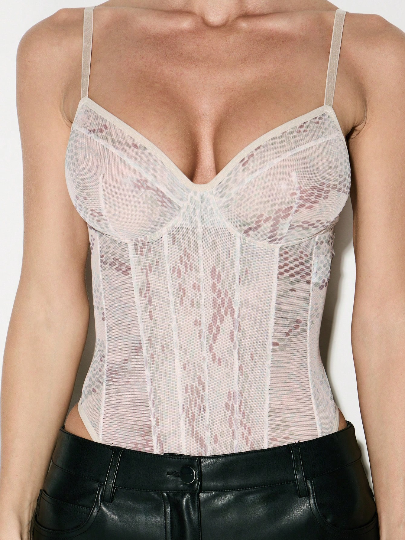 KIZN Snake Print Mesh Panel Bodysuit With Sweetheart Neckline