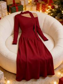 Elenzga Women's Soft Knit Burgundy Red Autumn Elegant Maxi Dress,Asymmetric Neck Tie Collar Long Sleeve Ruched Waist A-Line Dress For Dining,Dinner,Christmas - Burgundy - View 3