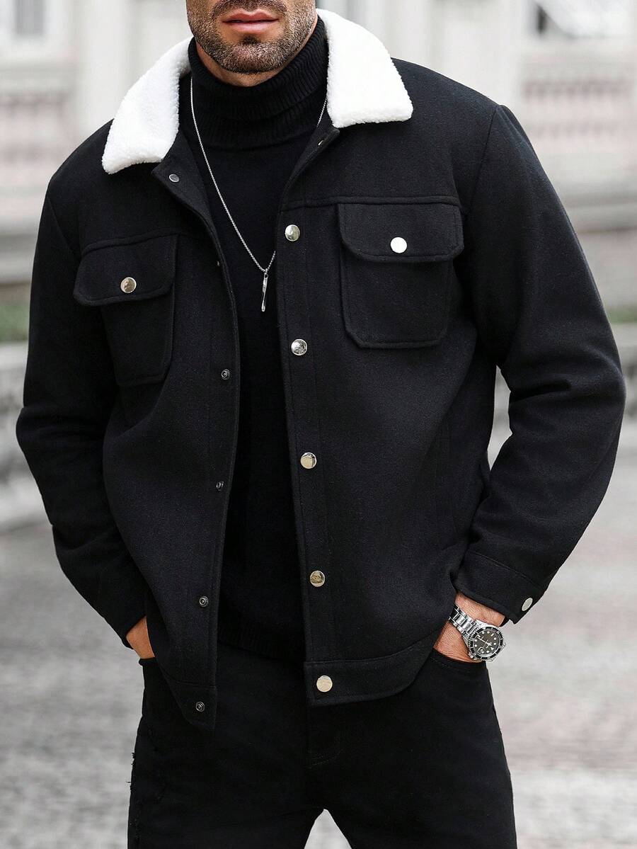 Manfinity CasualCool Men's Plus-Size Solid Color Casual Jacket, Suit Jacket Suitable For Autumn And Winter, Men's Black Denim Jacket, Men's Wool Jacket, Men's Shirt Jacket, Men's Jackets And Coats Black Jean Jacket Men Men Shacket Mens Jackets And Coats - Black - View 1