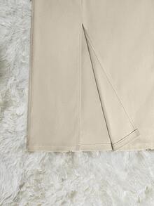 Franclia 女士卡其色灯芯绒口袋开衩半身裙配腰带 - 米色 - 查看 4