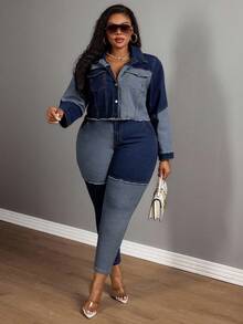 Slaydiva Plus Size Women Cowgirl Blue Denim Patchwork Elastic Short Jacket, Rodeo - Dark Wash - View 3