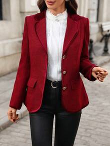 SHEIN Clasi 女士优雅红色粗花呢天鹅绒拼接领修身西装外套，适合派对穿着 - 紅色 - 查看 6
