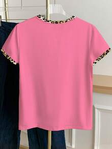 Franclia 女士豹纹蝴蝶结图案休闲圆领短袖T恤 - 玫紅色 - 查看 2