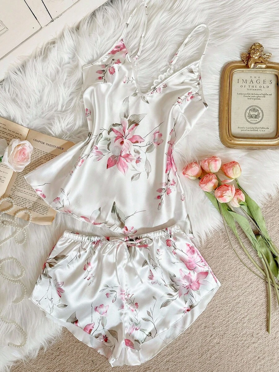 SHEIN 2pcs/Set Women's Sexy Deep V-Neck Plus Size Camisole Pajama Set, Elegant Satin Floral Print Loungewear, Suitable For All Seasons, Can Be Worn Outerwear Floral Robe Bridal Pj Set Labor And Delivery Gown Floral Pj Set Vintage Pajama Set