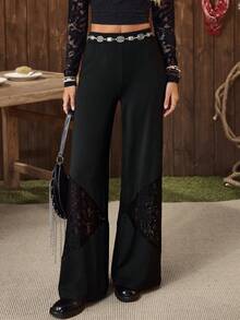 LanaWest Women's Western Party Black Knit Contrast Lace Wide Leg Pants, Suitable For Daily Wear - Black - View 1