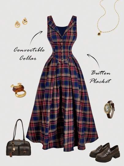 SHEIN MOD Women's Button Design Casual Sleeveless Plaid Collar Pleated Midi Dress,Vintage Outfits,70s Outfits,Party Dress,Retro Dress,Country Outfits,Goth Outfits,Boho Dress,Cruise Outfits Women,Corset Dress,Plaid Dress,Valentine's Day, Retro Dresses For Woman, Vintage Dress, French Style Dress