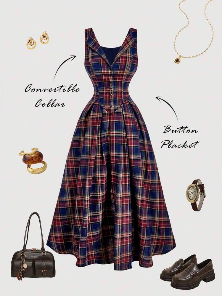 SHEIN MOD Vestido midi casual de mujer con diseño de botones, cuello a cuadros y plisado sin mangas - Azul Marino - Añade 1