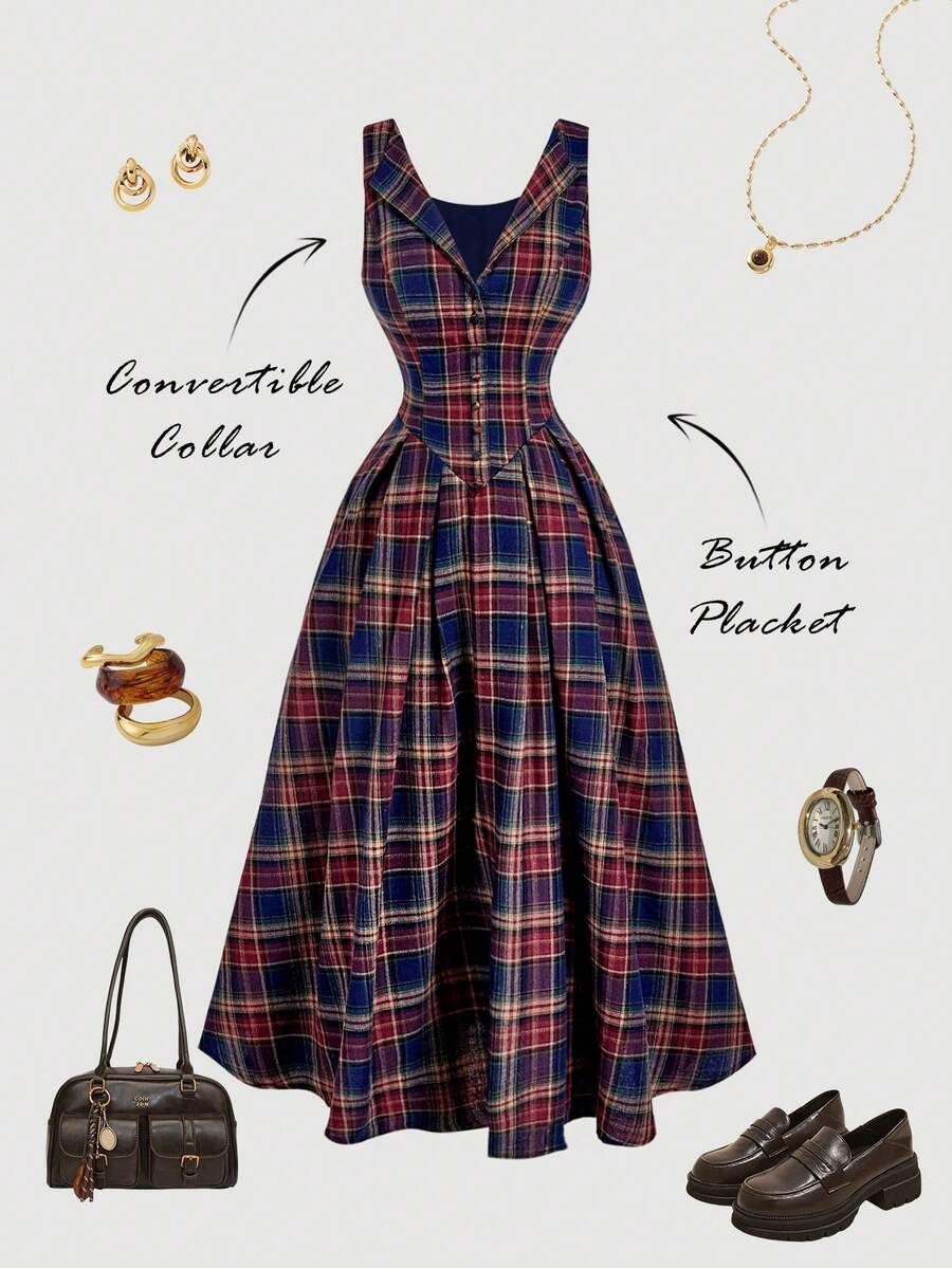 SHEIN MOD Đầm midi xếp ly không tay kẻ caro đơn giản thiết kế nút dành cho nữ - Màu xanh hải quân - Xem 1