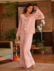 Lullawish Bohemian Style Loose Fit INS Pink Ruffle Design Pullover Women Pajama Set Ruffle Pajama Set Pink Lounge Set Knit Pajama Set Sleep Wear Women 2 Piece Set Women Lounge Wear Sets - Pink - View 7