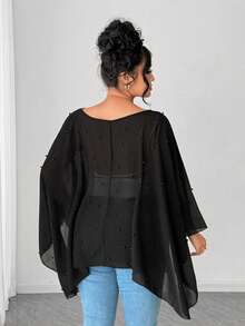 Elenzga Plus Size Women's Minimalist Black Semi-Sheer Chiffon Bubble Decor Blouse Plus Size Black Tops Black See Through Top Sheer Top Plus Size - Black - View 2