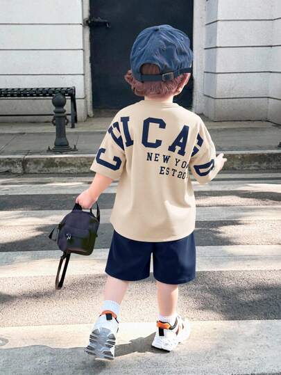 SHEIN 2pcs/Set Baby Boy Cute Casual Korean Style Summer Knit Letter Graphic Short Sleeve Top And Elastic Waist Shorts Set