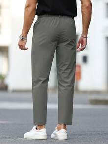 Calvornis Solid Color Casual Pants With Pockets And Belt Loops, Versatile For Daily Wear - Grey - View 2