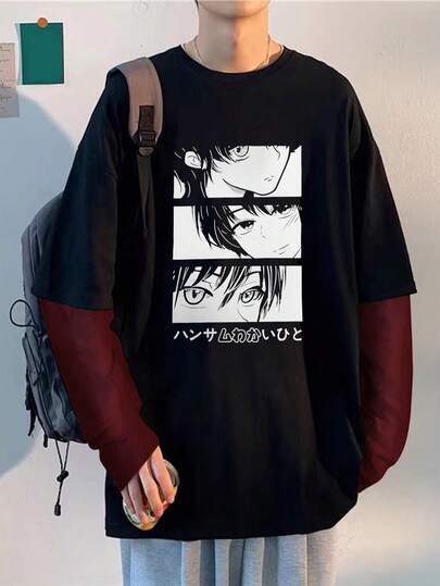 Claim Dot 男士日文字母和数字图案撞色二合一T恤