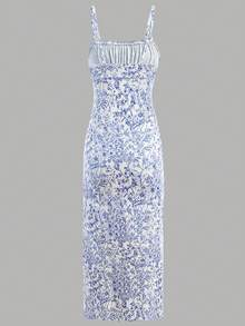 Girlism Tween 女童蓝白针织海滩印花荷叶边紧身胸衣前开衩修身长款休闲连衣裙，春夏 - 藍白色 - 查看 2