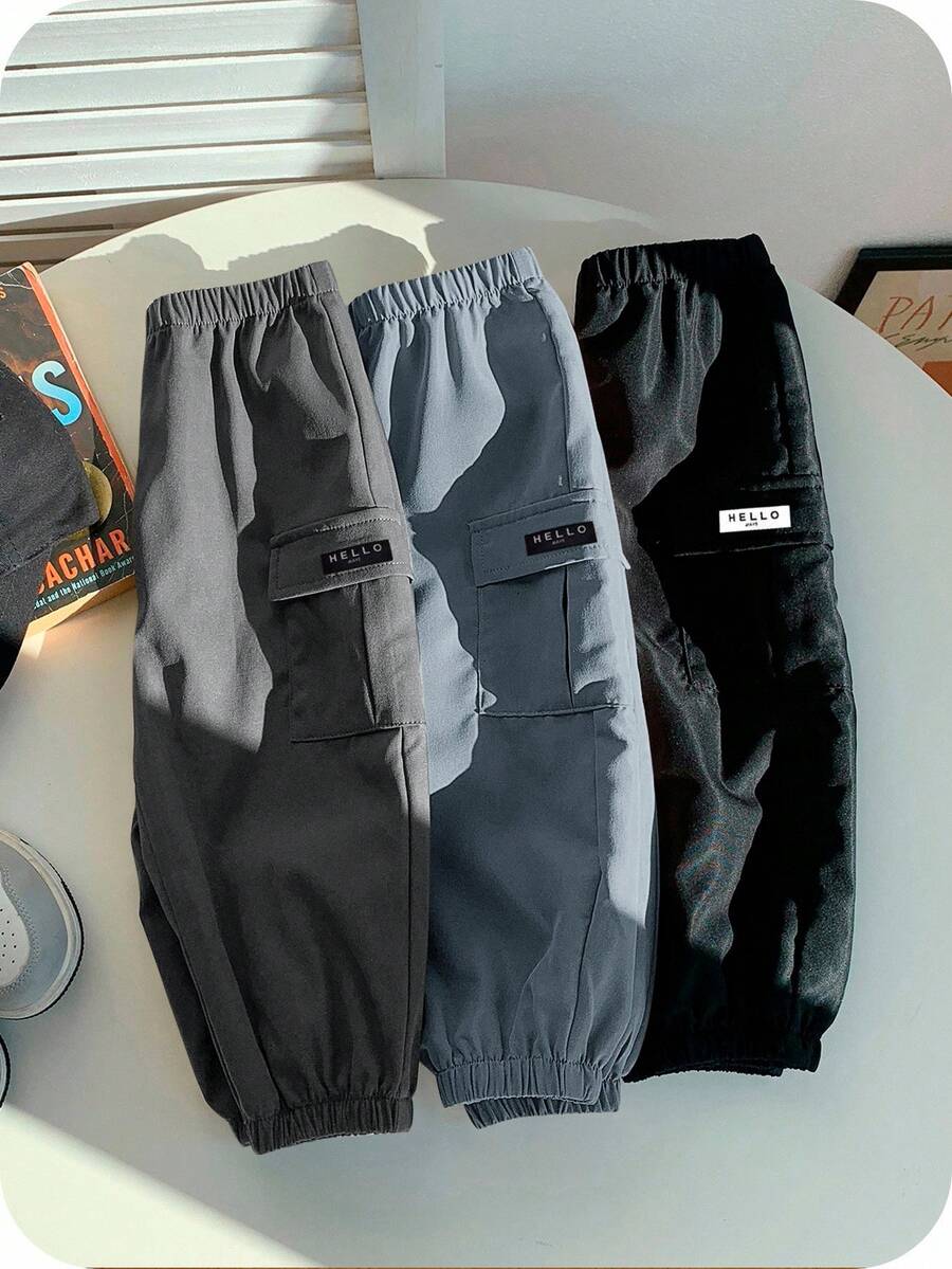 SHEIN 3件套男婴休闲弹力腰字母贴布翻盖口袋束口工装裤，时尚街头风 - 彩色 - 查看 1