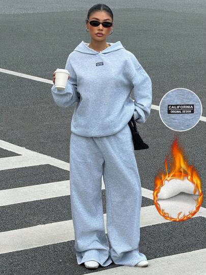SHEIN EZwear Women's Autumn/Winter Casual Loose Thermal Lined Hoodie And Sweatpants Set