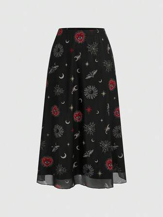 Goth Gonna con stampa retrò di sole, luna e stelle