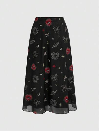 Goth Damen Retro Sonne, Mond & Stern Augen Muster Rock