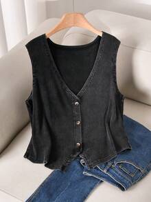 CosyJoli Plus Size Women V-Neck Single-Breasted Casual Tank Top - Black - View 6