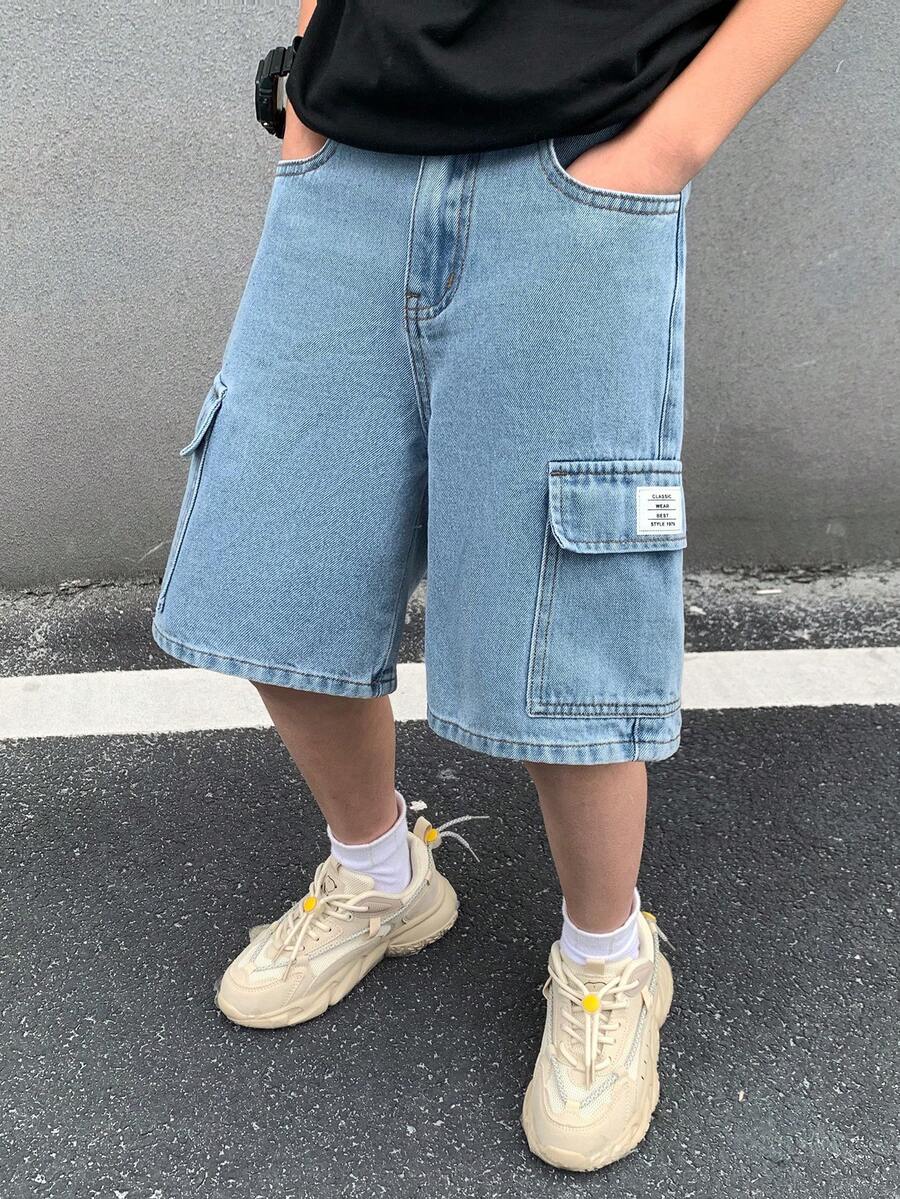 SHEIN Little Byeori Tween Boy Fashion Y2k Vintage Street Patch Details Blue Denim Loose Shorts For Summer,Streetwear,School,Back-To-School,Casual Pocket Design Dailywear - Blue - View 1