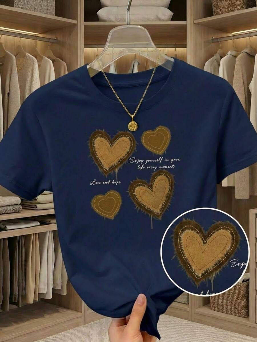 Camiseta de manga corta con cuello redondo, adornada con estampado, para ropa de Año Nuevo, camisetas gráficas para mujeres - Azul Marino - Ver 1