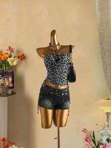 Attitoon Áo crop top buộc dây rút phía trước cho nữ - Xám - Xem 6