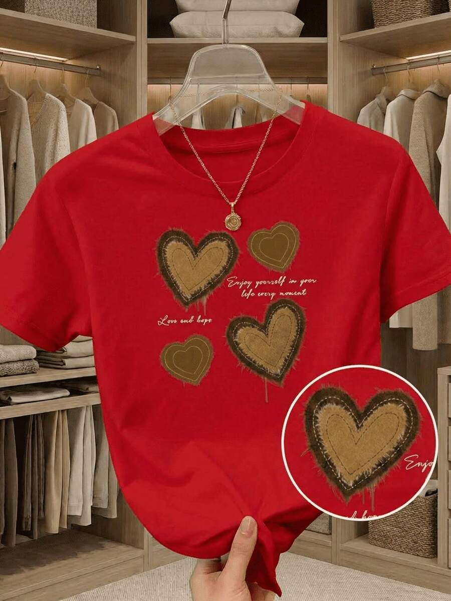 Camiseta de manga corta con cuello redondo, adornada con estampado, para ropa de Año Nuevo, camisetas gráficas para mujeres - Rojo - Ver 1