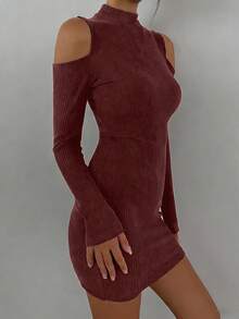 DAZY Women's Fashionable Sexy Ribbed Off-Shoulder Bodycon Mini Dress, Autumn