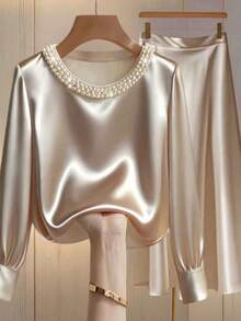 SHEIN Franclia 两件套女士优雅纯色圆领珍珠装饰长袖T恤和半裙套装，适合通勤。 - 杏色 - 查看 1