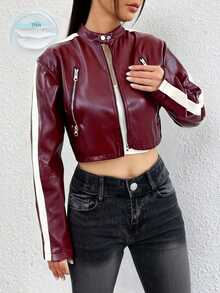 Chaqueta Corta PU con Detalles de Cremallera y Rayas: El Hit del  #ModaEdgy - Burdeos - Ver 3