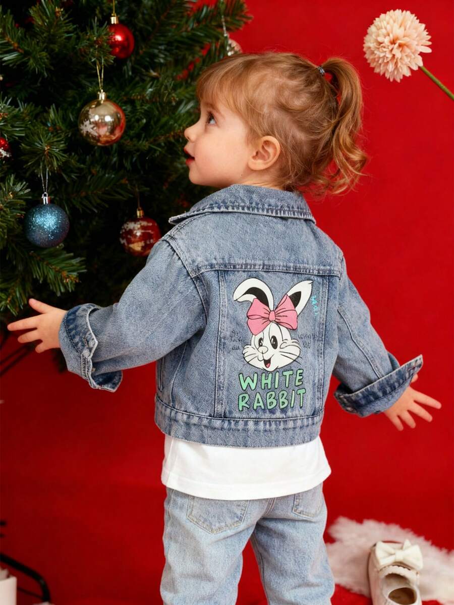 SHEIN Playful Pals Baby GirlCute Rabbit Print Loose Comfortable Denim Jacket And Coat - Medium Wash - View 1