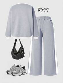 Sparklyn 2 Stücke/Set Mädchen Lässig Minimalistisch Schleife Dekor Rundhals Langarm Sweatshirt und Hose Set - Grau - Übersicht 2