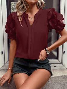 EMERY ROSE Women's Floral Embroidery Notched Collar Shirt For New Year Clothes - Burgundy - View 4