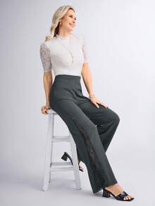 Miaspire Women's Elegant Contrast Lace Side Long Pants, Suitable For Spring And Summer Everyday Wear