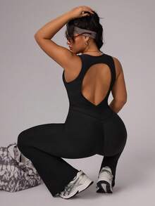 SHEIN Sports Women's Black Summer Athletic Gym Jumpsuit,Zipper Backless Hollow Out Ribbed Flare Pants,Slim Fit Sleeveless Yoga Running Plus Size Tummy Control - Black - View 1