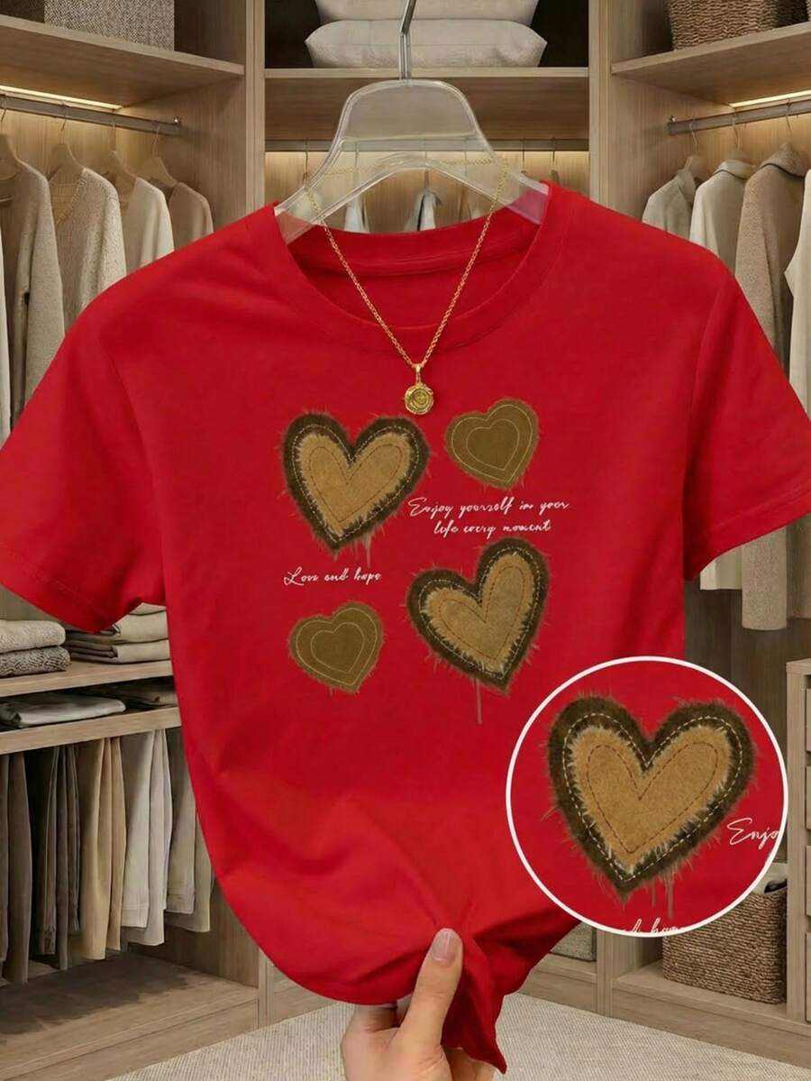 Camiseta de manga corta con cuello redondo, adornada con estampado, para ropa de Año Nuevo, camisetas gráficas para mujeres - Rojo - Ver 1