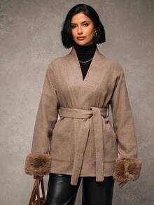 EURMUSE Abrigo de lana y mezcla con cinturón en color visón, con puños de piel sintética, bolsillos grandes, cuello de chal y estilo de ropa de abrigo de invierno para mujer - Café integral - Ver 6