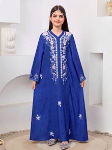 SHEIN 少女传统阿拉伯风格长袍，蓝色印花长裙，中东节日派对服饰 - 藍色 - 查看 6