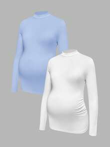 Modmama Maternity Solid Color Stand Collar Long Sleeve Pleated Casual Versatile T-Shirt - Blue - View 10